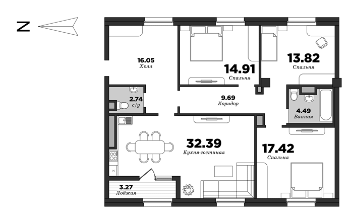 NEVA HAUS, 3 bedrooms, 113.15 m² | planning of elite apartments in St. Petersburg | М16